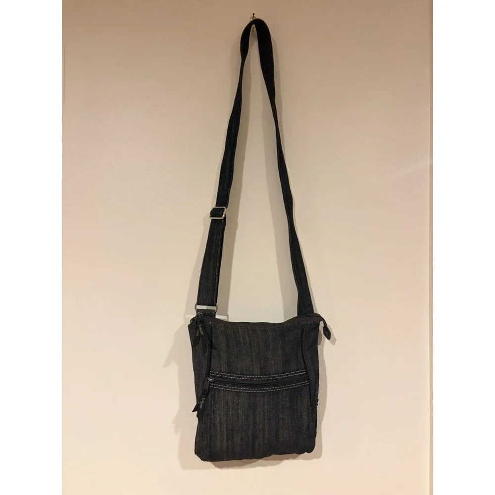Thirty-One Gray Crossbody Bag, Zip Top, Adjust Strap, Pockets, Striped Lining